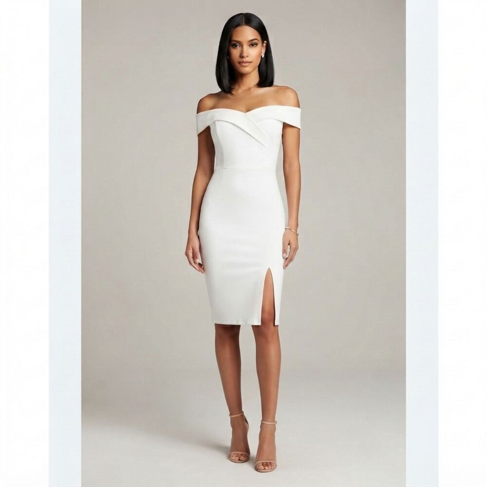 La Scala White Off the Shoulder Side Slit Cocktail Mini Dress Size L Grande